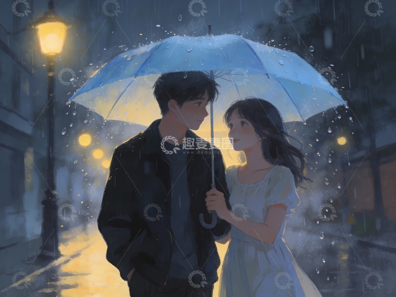 高清大图下载【趣麦麦图】雨夜伞下情侣相望