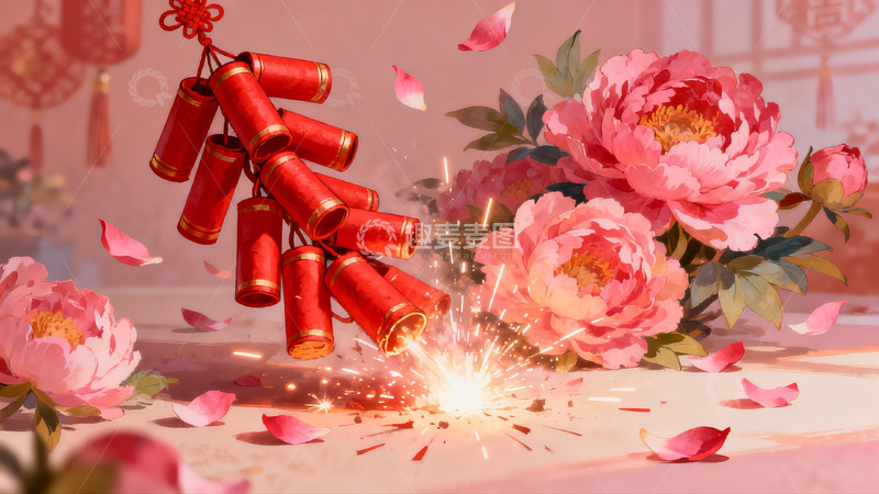 高清大图下载【趣麦麦图】烟花绽放牡丹盛开喜庆场景
