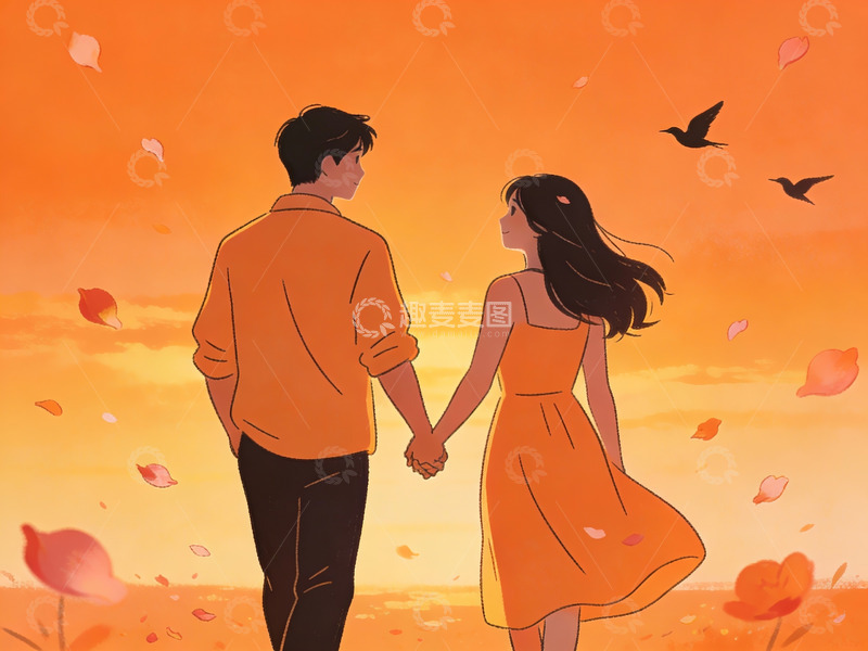 高清大图下载【趣麦麦图】情侣牵手夕阳下散步