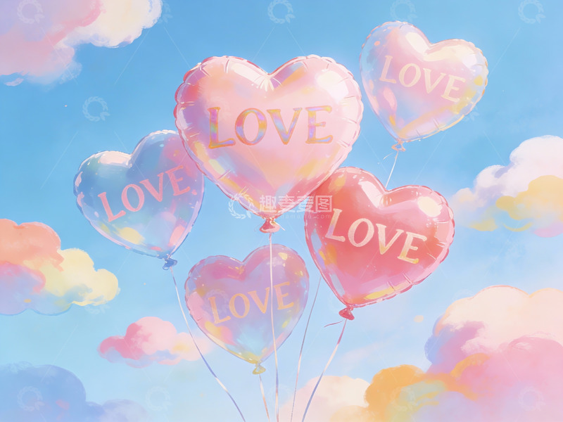 高清大图下载【趣麦麦图】心形气球飘浮在蓝天白云间