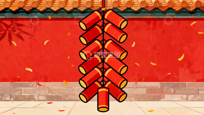 高清大图下载【趣麦麦图】传统鞭炮挂于红墙前