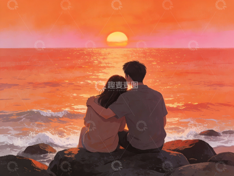 高清大图下载【趣麦麦图】情侣海边日落共赏
