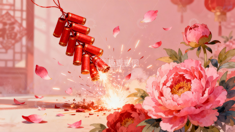 高清大图下载【趣麦麦图】烟花绽放牡丹盛开喜庆场景