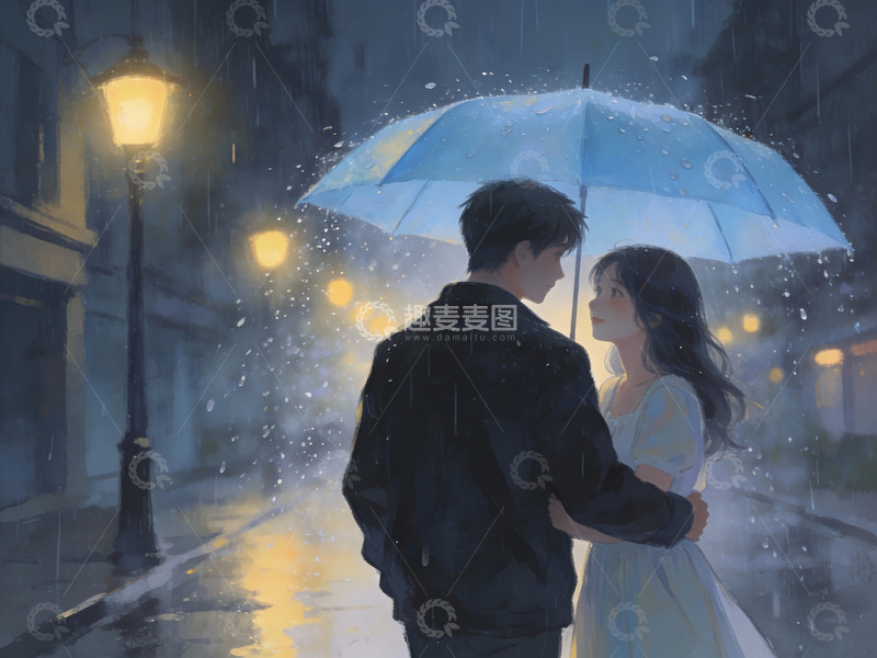 高清大图下载【趣麦麦图】雨夜伞下情侣相拥