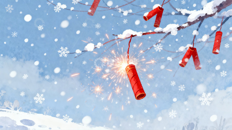 高清大图下载【趣麦麦图】雪中爆竹绽放节日氛围