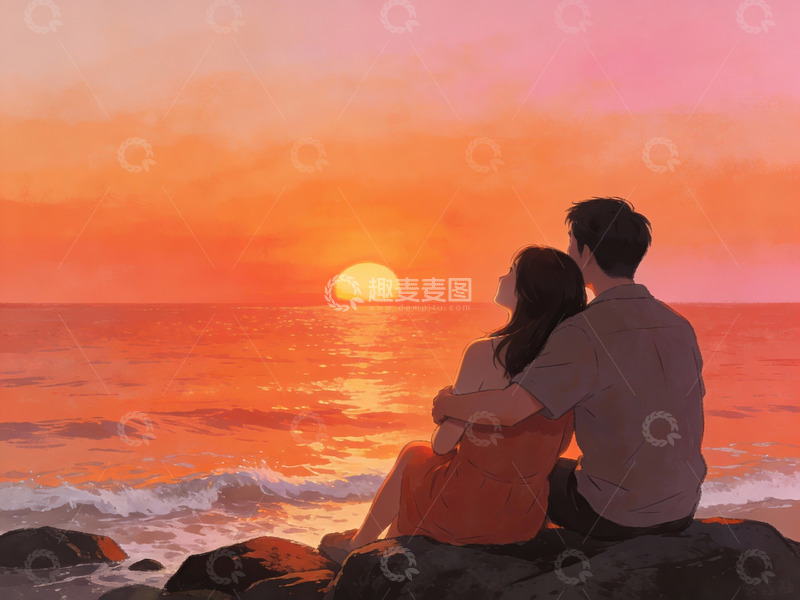 高清大图下载【趣麦麦图】情侣海边日落观景