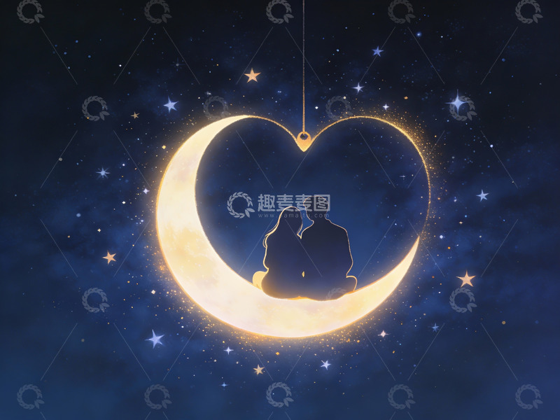 高清大图下载【趣麦麦图】情侣剪影在心形月亮上