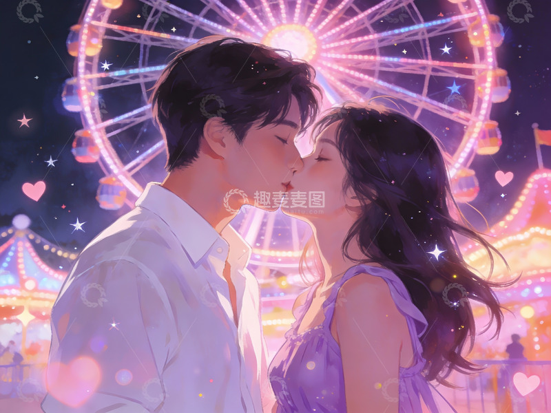 高清大图下载【趣麦麦图】情侣在游乐园摩天轮下亲吻