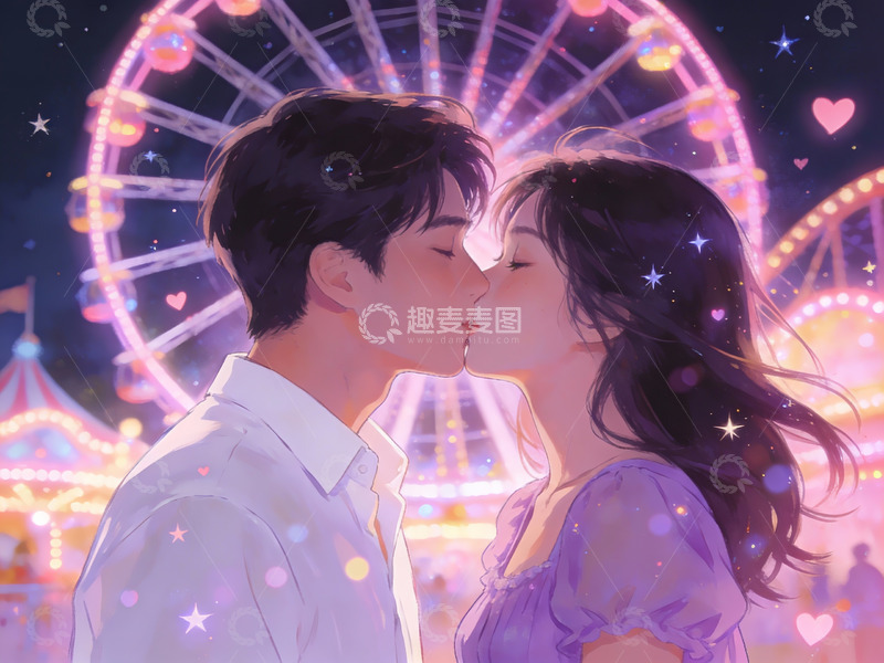 高清大图下载【趣麦麦图】情侣在游乐园亲吻的浪漫场景