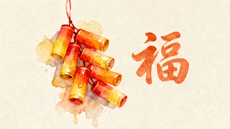 高清大图下载【趣麦麦图】水彩风格鞭炮与福字图案