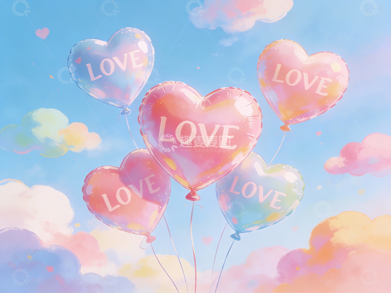 高清大图下载【趣麦麦图】心形气球飘浮在蓝天白云间