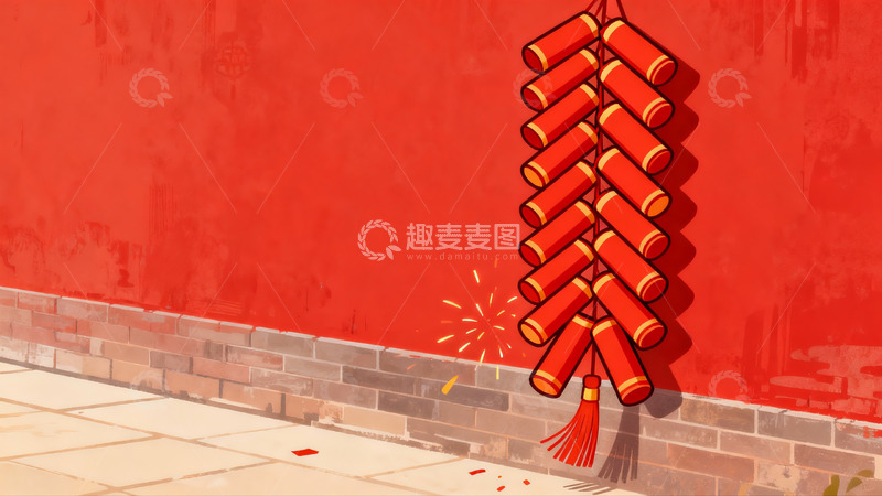 高清大图下载【趣麦麦图】-红色墙边悬挂的鞭炮