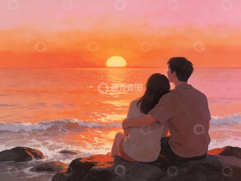 高清大图下载【趣麦麦图】情侣海边日落静坐