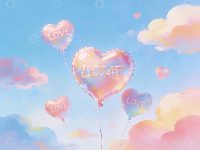 高清大图下载【趣麦麦图】心形气球飘浮在蓝天白云间