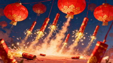 夜空烟花灯笼齐放