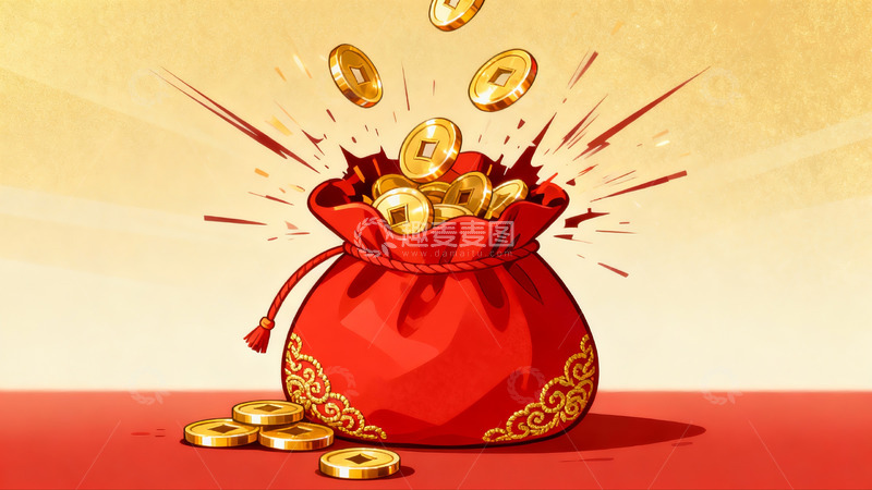 高清大图下载【趣麦麦图】红色钱袋金币飞溅寓意发财