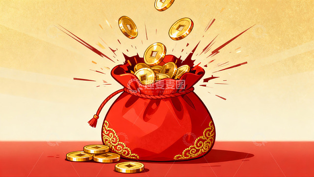 红色钱袋金币飞溅寓意发财