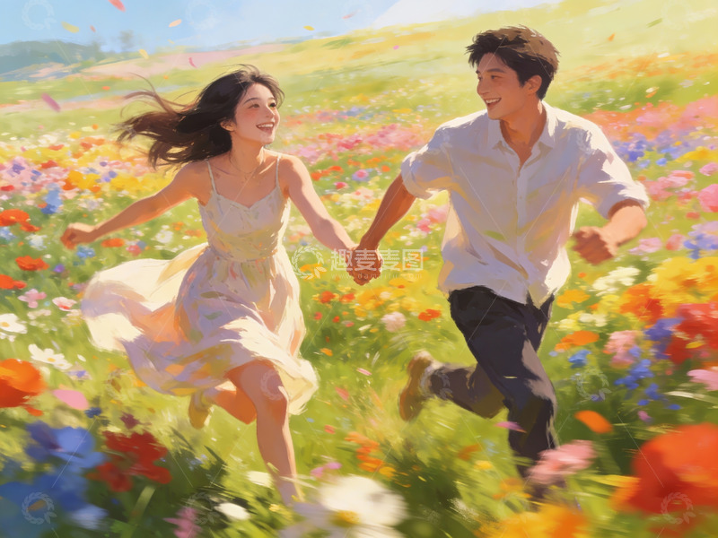 高清大图下载【趣麦麦图】情侣在花海中奔跑