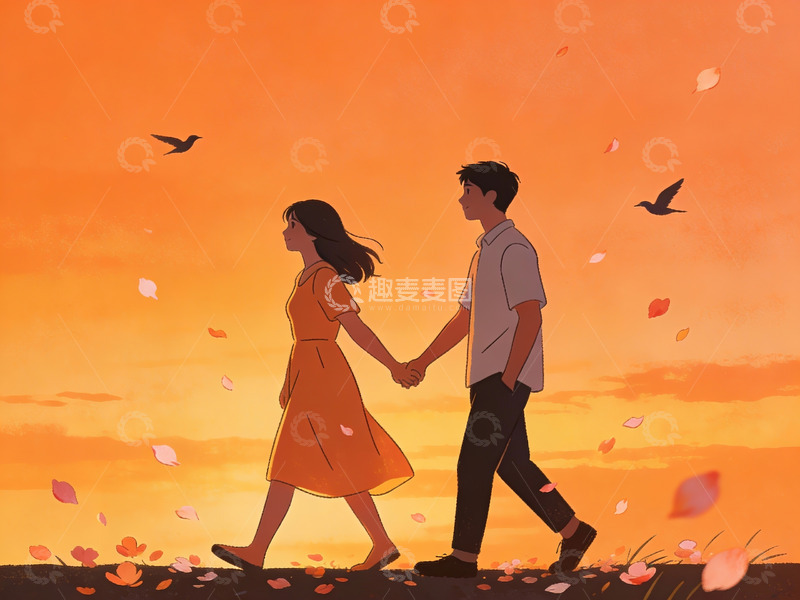 高清大图下载【趣麦麦图】情侣牵手漫步黄昏