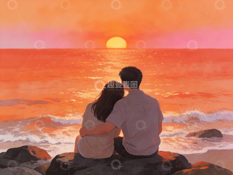高清大图下载【趣麦麦图】情侣海边日落共赏