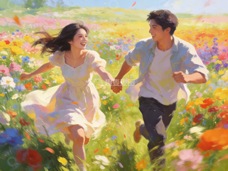 高清大图下载【趣麦麦图】情侣在花海中奔跑
