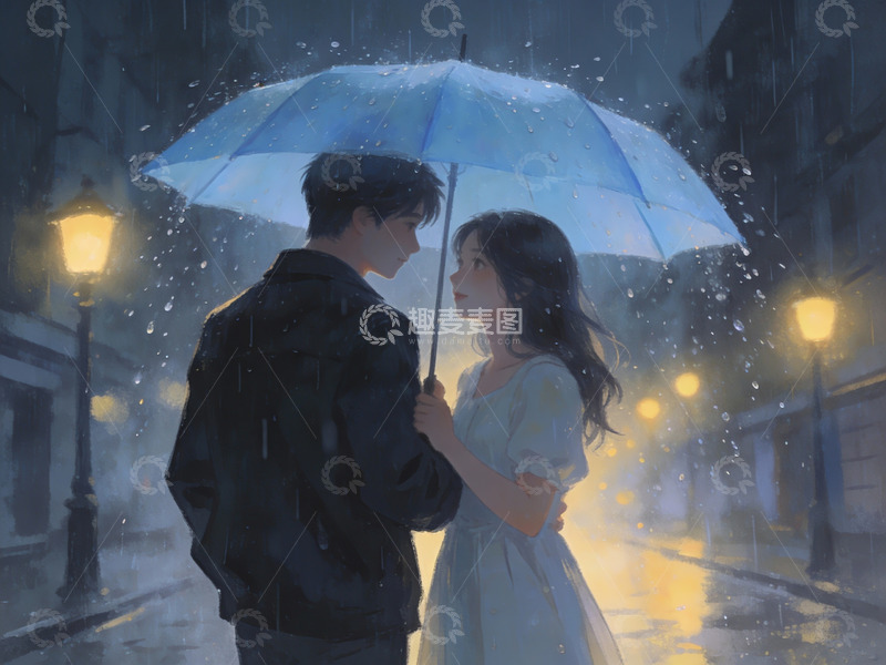 高清大图下载【趣麦麦图】雨夜伞下情侣相拥