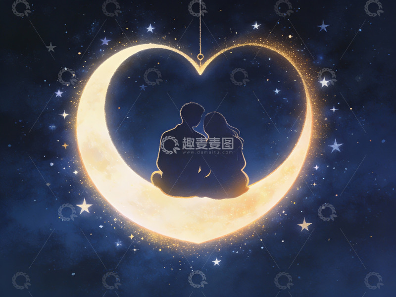高清大图下载【趣麦麦图】情侣在心形月亮上相拥