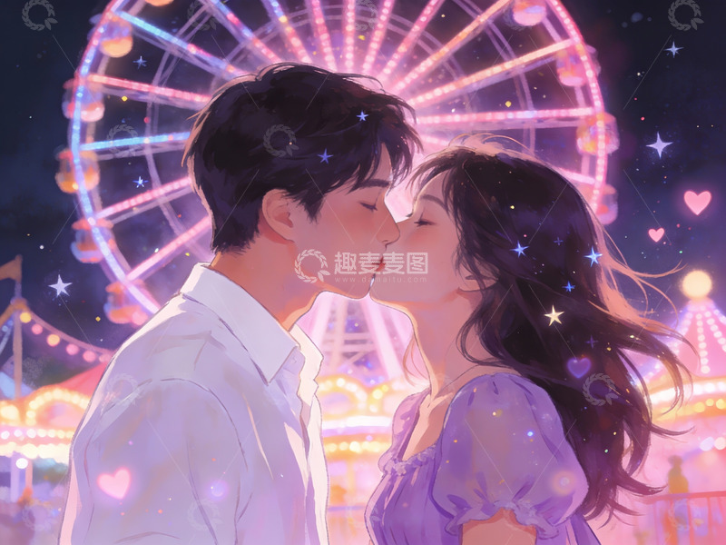 高清大图下载【趣麦麦图】情侣在游乐园摩天轮下亲吻