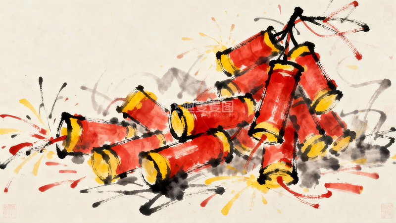 高清大图下载【趣麦麦图】红色鞭炮水墨画艺术作品