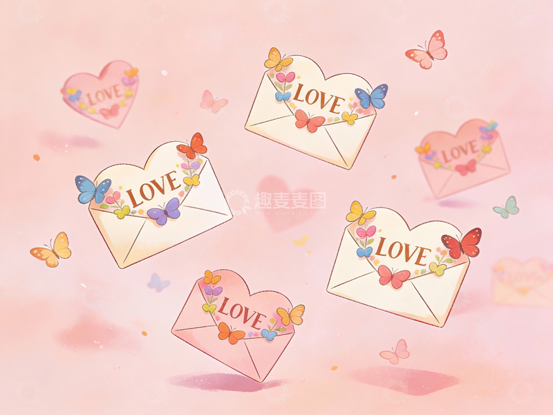 高清大图下载【趣麦麦图】爱心信封与蝴蝶飘浮场景