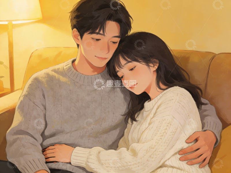 高清大图下载【趣麦麦图】情侣依偎在沙发上