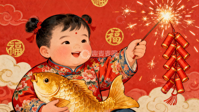 新年孩童手持金鱼与鞭炮