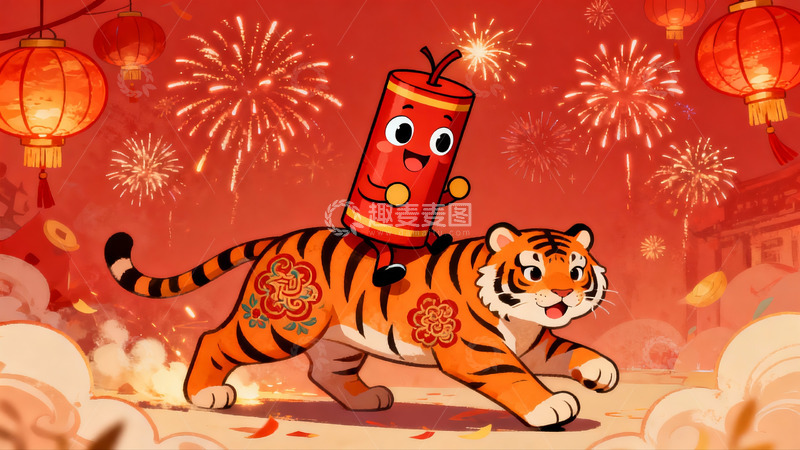 高清大图下载【趣麦麦图】卡通老虎燃放鞭炮迎新年