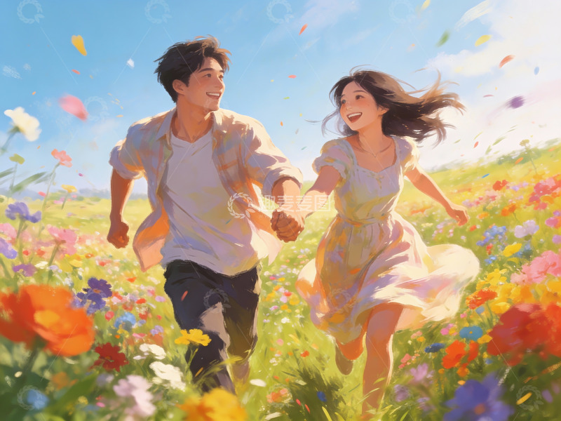 高清大图下载【趣麦麦图】情侣在花田中奔跑