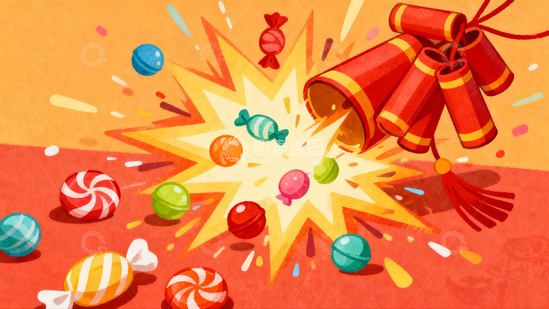 高清大图下载【趣麦麦图】鞭炮炸开糖果飞溅欢乐场景