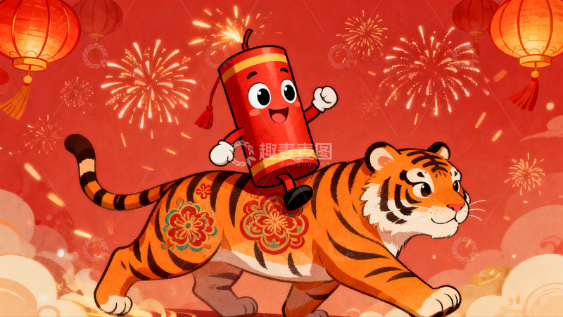 高清大图下载【趣麦麦图】卡通老虎燃放鞭炮迎新春