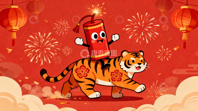 卡通老虎燃放鞭炮迎新年