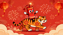 卡通老虎燃放鞭炮迎新年