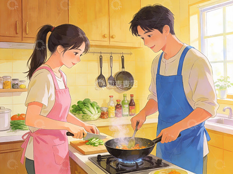 情侣在厨房共同烹饪