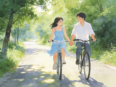 情侣骑自行车林间小道