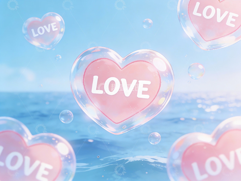 高清大图下载【趣麦麦图】爱心泡泡飘浮于海面