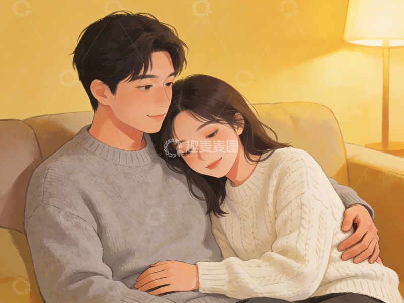 高清大图下载【趣麦麦图】情侣依偎沙发温馨场景