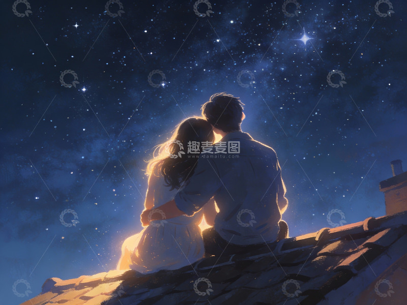 高清大图下载【趣麦麦图】情侣屋顶仰望星空