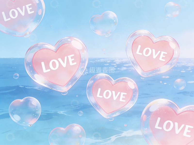 高清大图下载【趣麦麦图】爱心泡泡漂浮海面