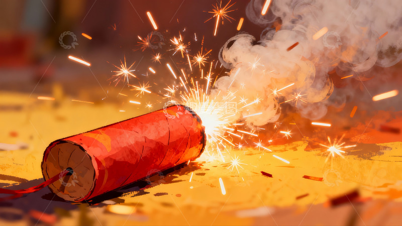 高清大图下载【趣麦麦图】红色鞭炮燃放火花四溅