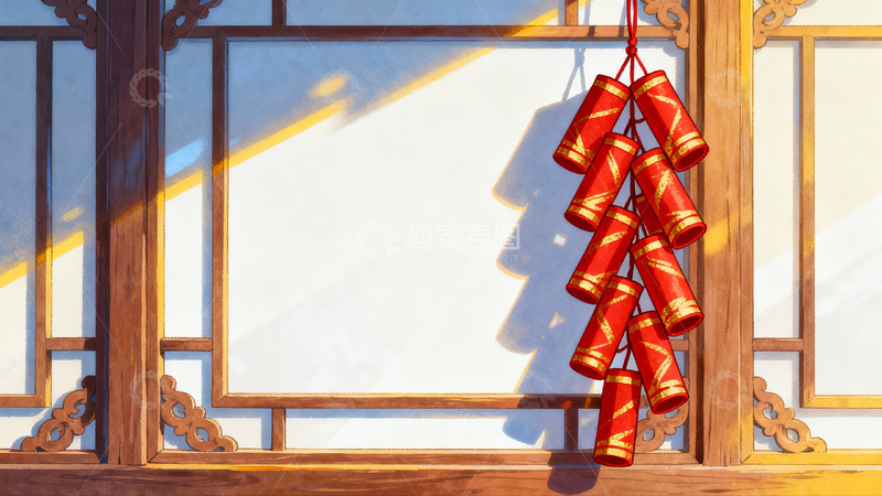 高清大图下载【趣麦麦图】古窗挂红鞭炮迎新春