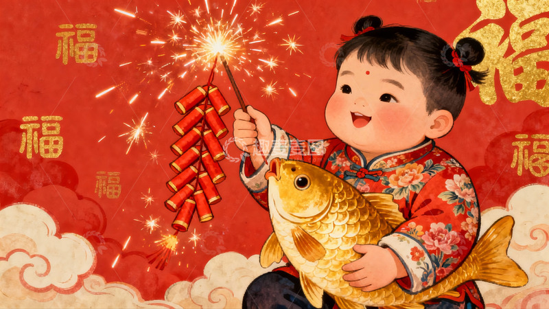 高清大图下载【趣麦麦图】新年童子手持金鱼与鞭炮
