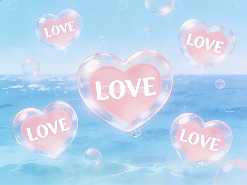 高清大图下载【趣麦麦图】爱心泡泡漂浮于海面