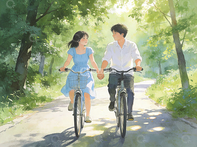 情侣骑车林间小道