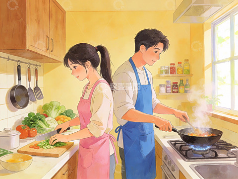 情侣在厨房共同烹饪